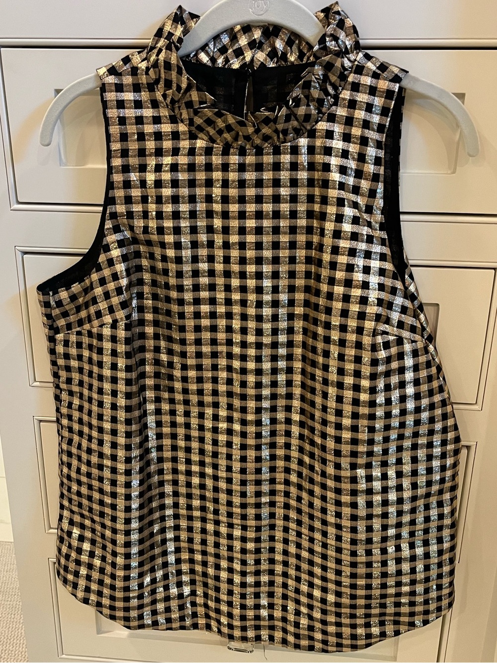 J. Crew Black & Gold Gingham Ruffle-Neck Tank